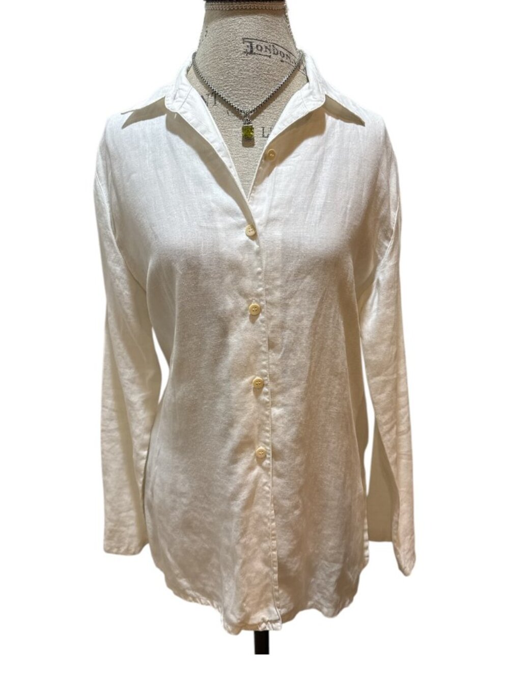 Jones New York Sport Sz M Off-White Linen Button-Up Collared Blouse